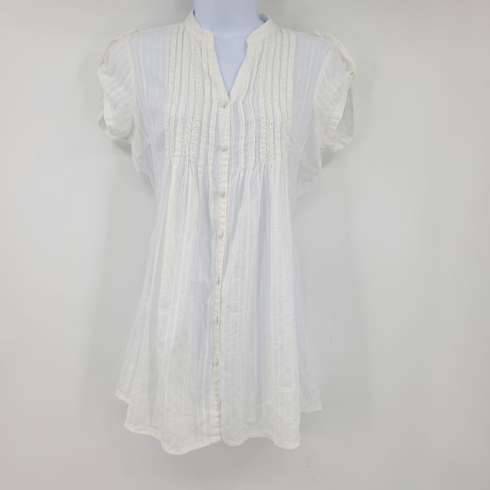 BKE White Gauze Pintuck Tunic Top Metallic Stripe Boho Button Down Dress M Boho